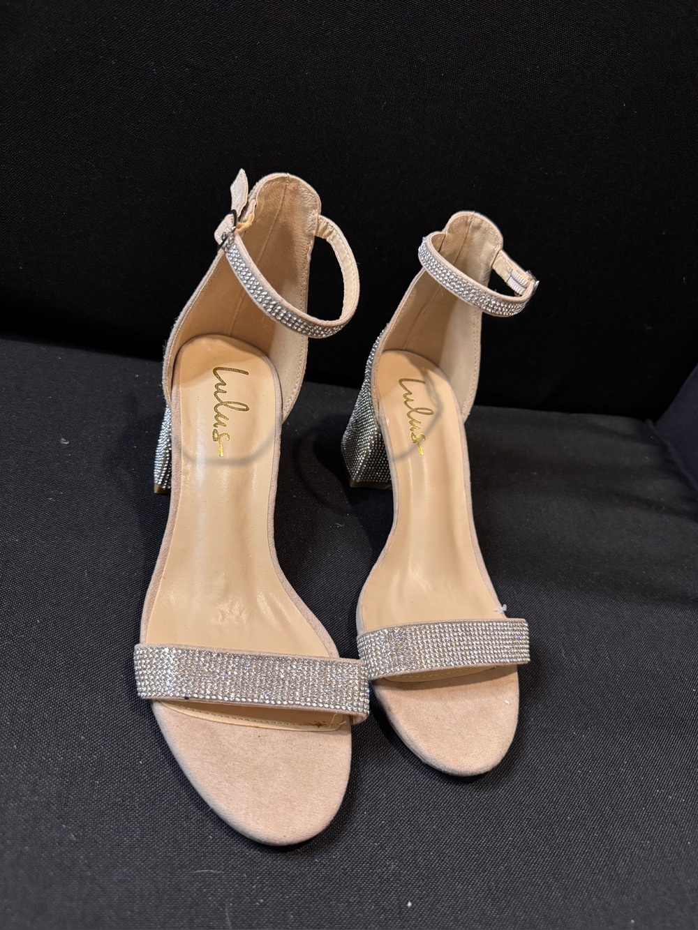 Lulu's Nude Rhinestone Ankle-Strap Block Heels
